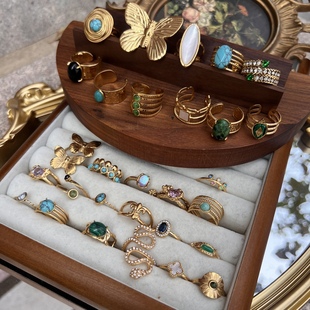 钛钢复古镀金天然石虎眼松石黑耀石戒指洗澡戴不掉色系列活口可调