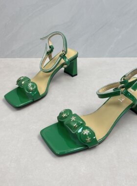 商场断码撤柜真皮女鞋绿色水钻一字带凉鞋女夏季高跟鞋女39码