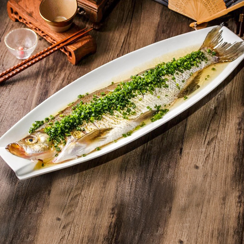 陶瓷纯白特大号长方长江白鱼鲥鱼翘嘴白条专用盘子特色酒店餐具刀