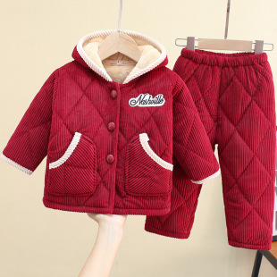 儿童睡衣冬款加厚款男童女孩珊瑚绒套装三两岁宝宝冬天夹棉家居服