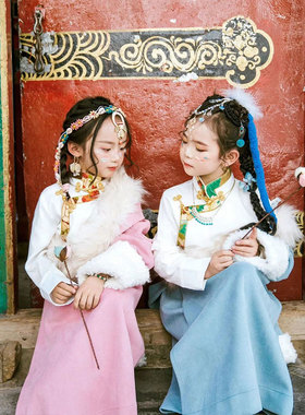 藏族儿童演出服装女童藏袍粉色蓝色西藏旅拍儿童藏服写真民族风