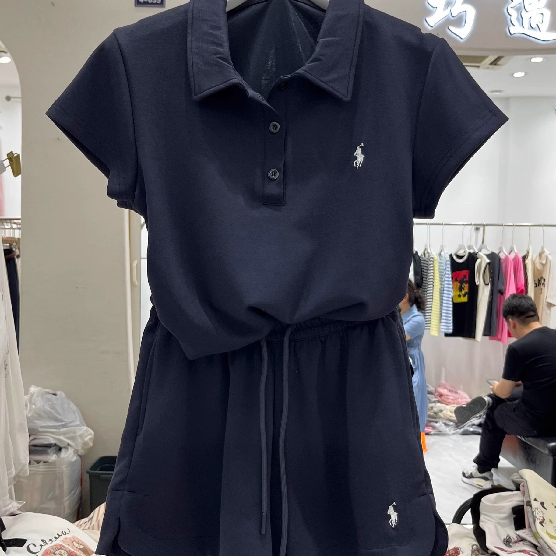 特大码300斤美式POLO领两件套收腰短袖T恤+松紧腰短裤小马套装女
