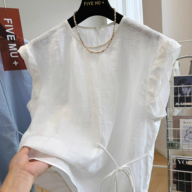 特大码300斤韩版设计感绑带无袖圆领衬衫女夏季薄款宽松胖MM上衣