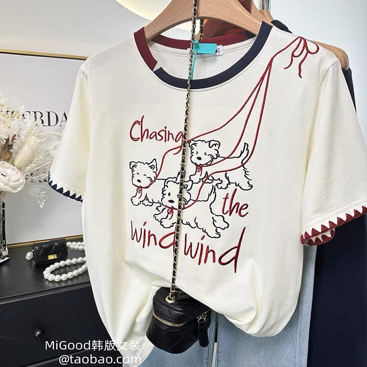 特大码300斤韩版减龄撞色刺绣花边圆领短袖t恤女夏季宽松胖MM上衣