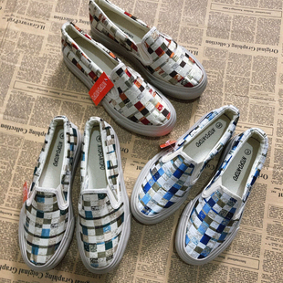 休閑潮流鞋 歐美單套腳厚底方格女鞋 41碼 外貿(mào)出口一腳蹬懶人帆布鞋