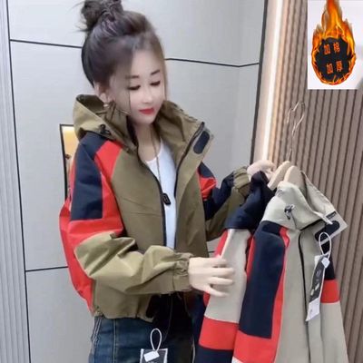 加棉加厚2025新款外套女休闲连帽外套冲锋衣女小个子拼色百搭上衣
