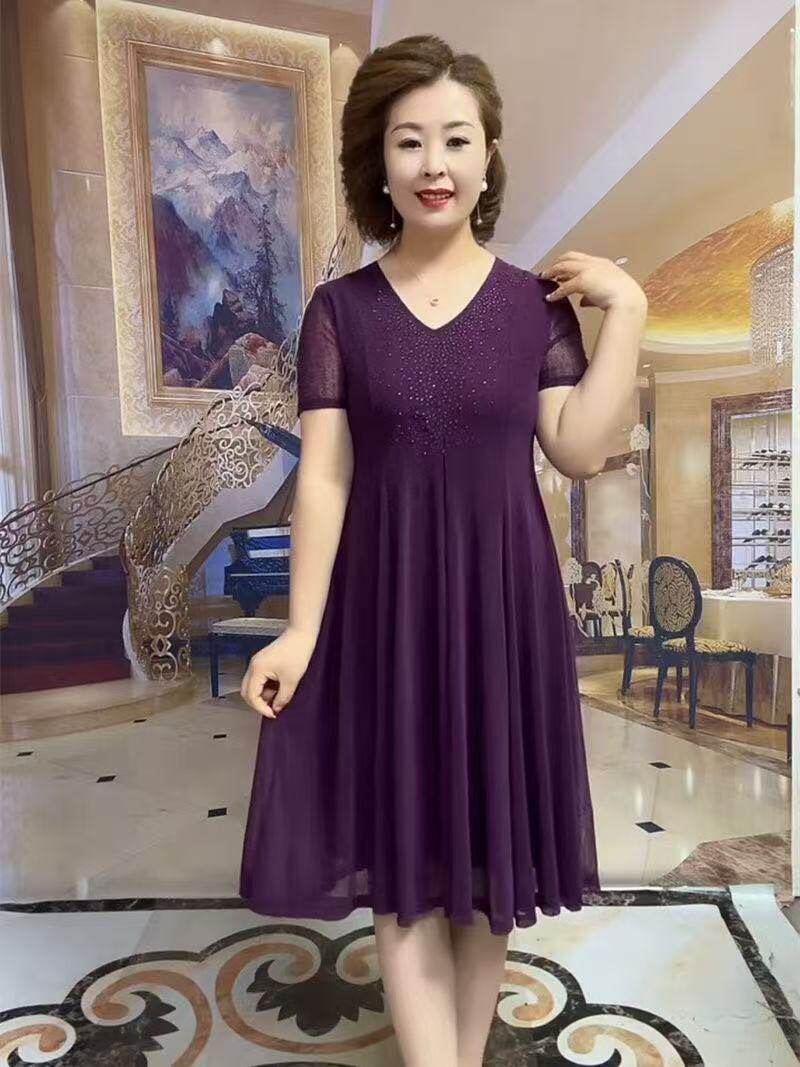 纯色网纱短袖连衣裙夏季新款v领镶钻中年妈妈气质遮肉显瘦中长款