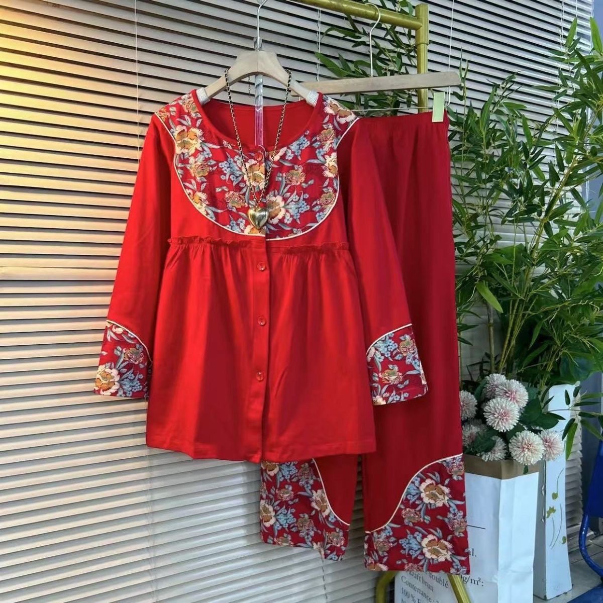 女士大红中国新款红色轻奢睡衣本命年九分长袖新年家居服套装喜庆