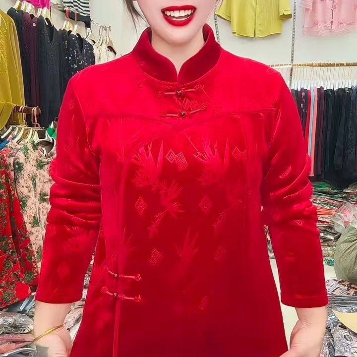 复古妈妈装秋冬丝绒新款中国风旗袍领上衣修身大码气质唐装打底衫