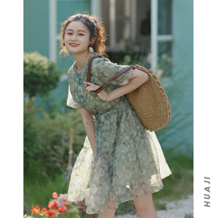 花吉Q312绿色油画小个子收腰短袖欧根纱连衣裙夏季2025新款蛋糕裙
