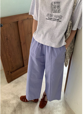 花吉K330蓝紫色纸感棉松紧腰直筒休闲裤女2026新款夏纯棉九分裤