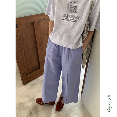 花吉K330蓝紫色纸感棉松紧腰直筒休闲裤女2026新款夏纯棉九分裤