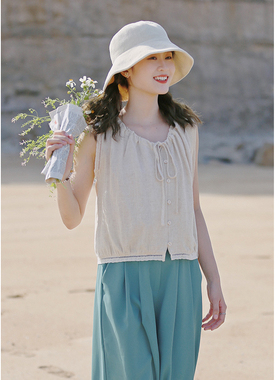 花吉B462杏色复古棉麻V领系带宽松无袖衬衫女2025新款夏背心衬衣