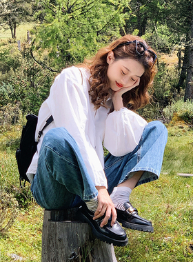 花吉B891米白色纯棉元宝领撞色灯笼袖衬衫女2026新款秋冬全棉衬衣