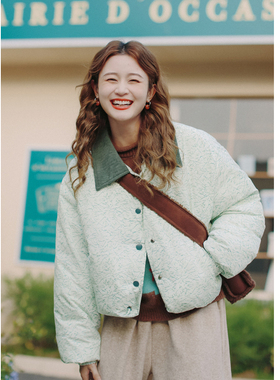 花吉B653奶绿色甜美灯芯绒撞色短款棉服女2025新款冬季学院风棉衣