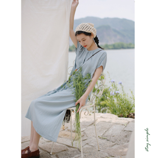 花吉Q427蓝色温柔风圆领收腰垂坠感短袖 夏垂感裙子 连衣裙2025新款