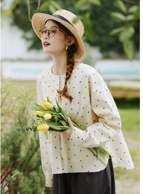 花吉B950黑糖奶茶竹节肌理感圆领波点宽松衬衫女2025新款春外套