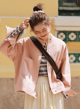 花吉B801橡皮粉天丝棉立领短款夹克外套女2025新款秋复古少女风衣