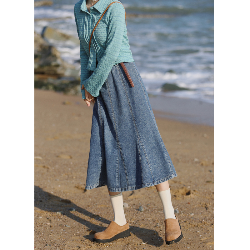 蓝色高腰复古鱼尾牛仔半身裙