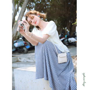 夏抽褶格子裙 花吉Q477蓝色宽松格子抽绳垂感松紧腰半身裙2026新款