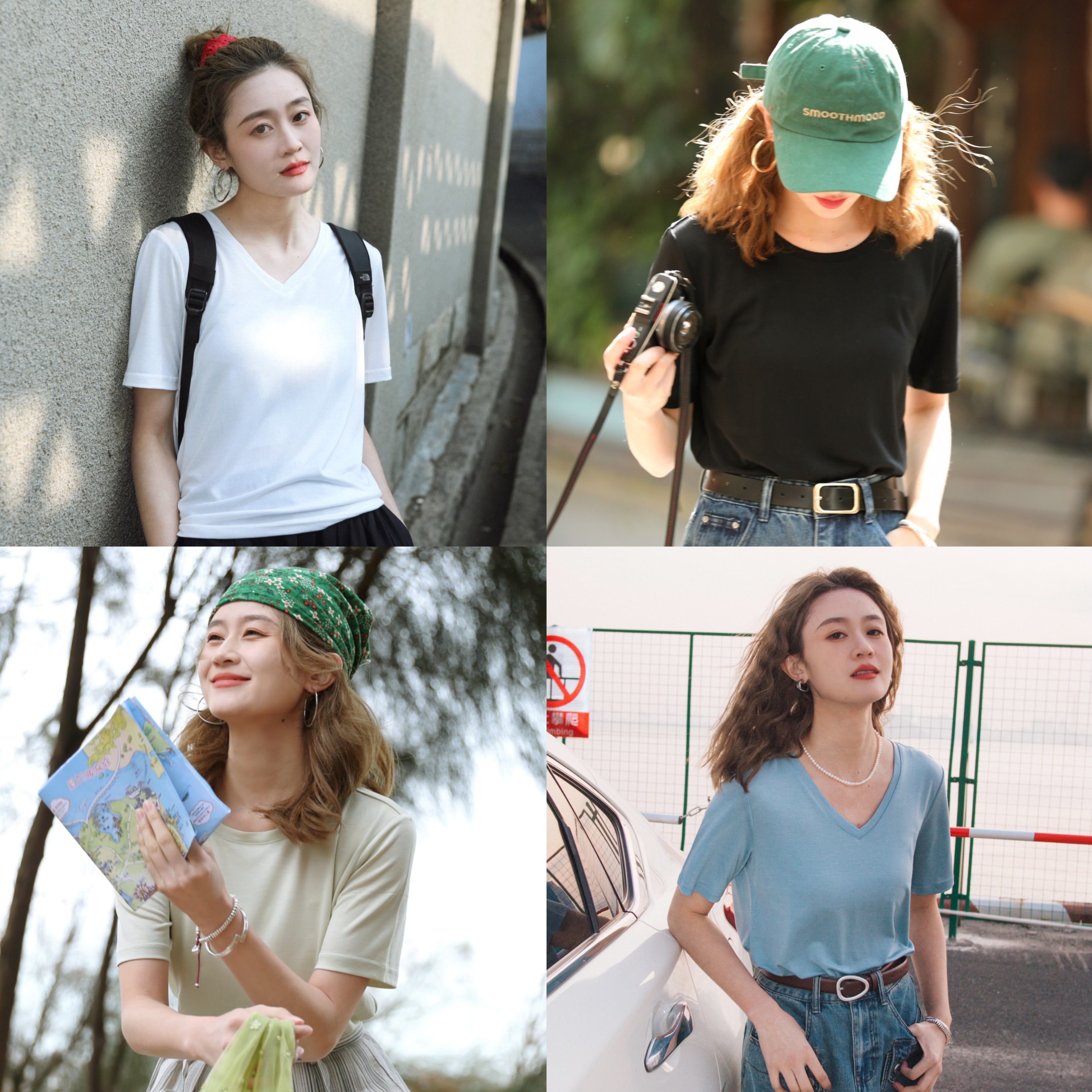 花吉蓝色酸酸宽松圆领短袖T恤