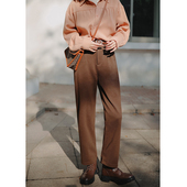 花吉K177棕色磨毛高腰显瘦九分休闲裤 直筒裤 女2025新款 秋冬烟管裤