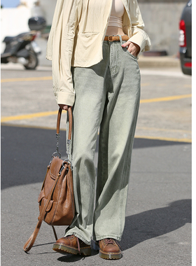 花吉K261绿色高腰复古直筒宽松百搭牛仔裤女2025新款秋做旧长裤