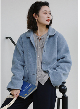 花吉C110雾霾蓝元宝领复古宽松休闲羊羔毛上衣女2025新款秋冬外套