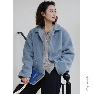 花吉C110雾霾蓝元宝领复古宽松休闲羊羔毛上衣女2026新款秋冬外套