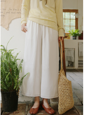 花吉L024白色花边松紧腰宽松垂感直筒休闲裤女2025新款夏阔腿裤