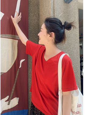 【花吉0423】“番茄女孩”冰丝亚麻棉两侧抽褶V领T恤