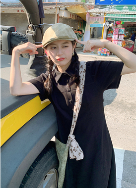 花吉Q463黑色短袖polo翻领宽松学院风修身针织连衣裙2026新款裙子
