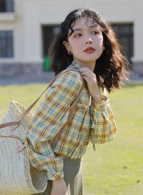 花吉B392黄色日系复古格子条纹V领系带衬衫女2025新款春格纹衬衣