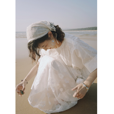 花吉白色日杂活少女满幅绣衬衫