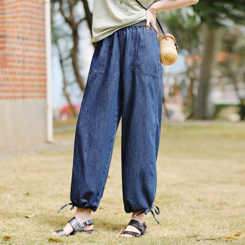 花吉蓝色高腰休闲九分直筒牛仔裤