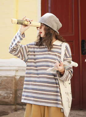 花吉B804蓝色天枢棉撞色Polo条纹T恤女2025新款秋长袖宽松上衣