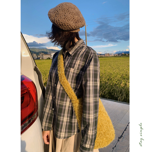 衬衣 秋格纹长袖 花吉C078绿色内搭正肩显瘦格子条纹衬衫 女2026新款