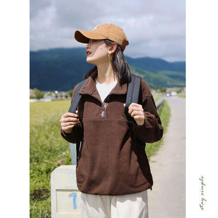 花吉C076咖色撞色提花织带立领翻领两穿摇粒绒卫衣女2025新款秋