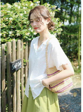 花吉C004白色少女感花边镂空刺绣短袖衬衫女2026新款夏纯棉衬衣