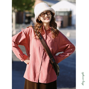 花吉B895玫瑰红色桃皮绒两穿宽松长袖翻领衬衫女2025新款冬衬衣