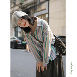 女2026新款 秋纯棉复古衬衣 宽松文艺全棉衬衫 花吉C042彩色条纹长袖