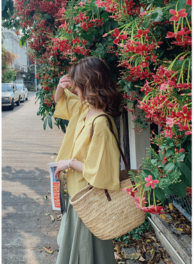 花吉B445黄色水洗套头薄棉大圆领压褶衬衫女2025新款夏宽松衬衣