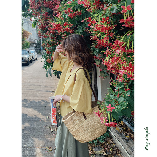 黄色水洗套头宽松衬衫