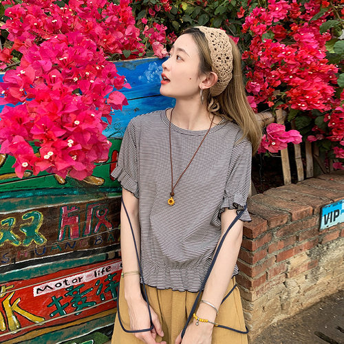 花吉米灰色条纹弹力短袖T恤