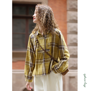 秋衬衣 女2026新款 花吉B560秋叶黄色宽松长袖 复古三粒扣格纹衬衫