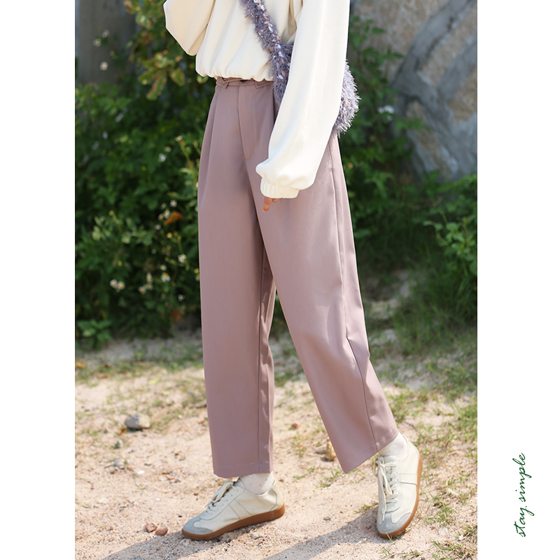 咖色高腰西装休闲烟管裤