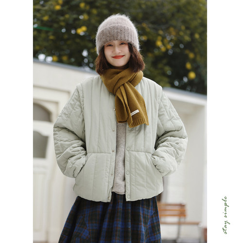 花吉豆绿色褶皱日系两穿圆领棉服