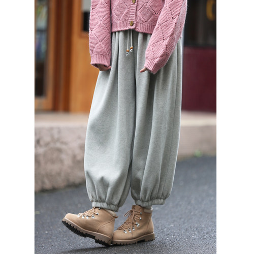 花吉灰色系带加绒卫衣灯笼裤