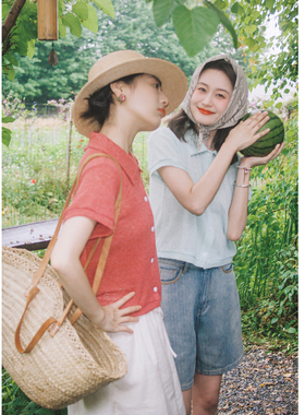 花吉B989薄荷绿翻领宽松法式森系短袖T恤女2026新款夏透气上衣