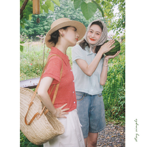 花吉薄荷绿翻领宽松法式短袖T恤